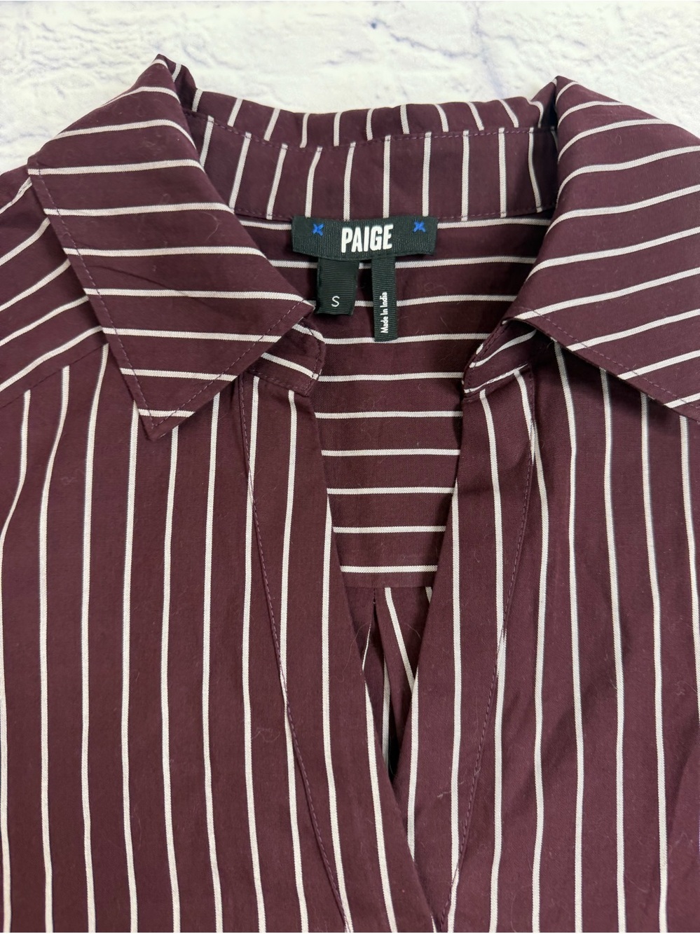 PAIGE Davlyn Burgundy and White Vertical Stripe Button-Down Shirt. Size Small.